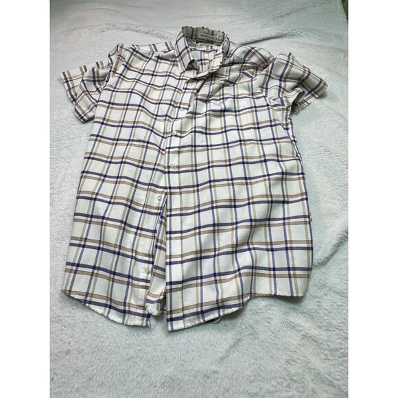 Vintage Sears Sport Shirt Blue Brown Check SS Button Down M Poly Cotton Exc Cond - Picture 2 of 9